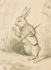 A line-drawing of the white rabbit in his tweed jacket, looking anxiously at his watch.