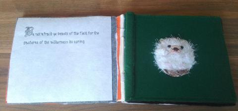The page of text is to the left, with the hedgehog attached to a deep green background on the right