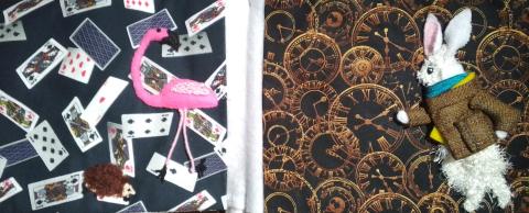 A very pink flamingo with dangling thread legs stands over a bristly round hedgehog on a background of printed playing cards